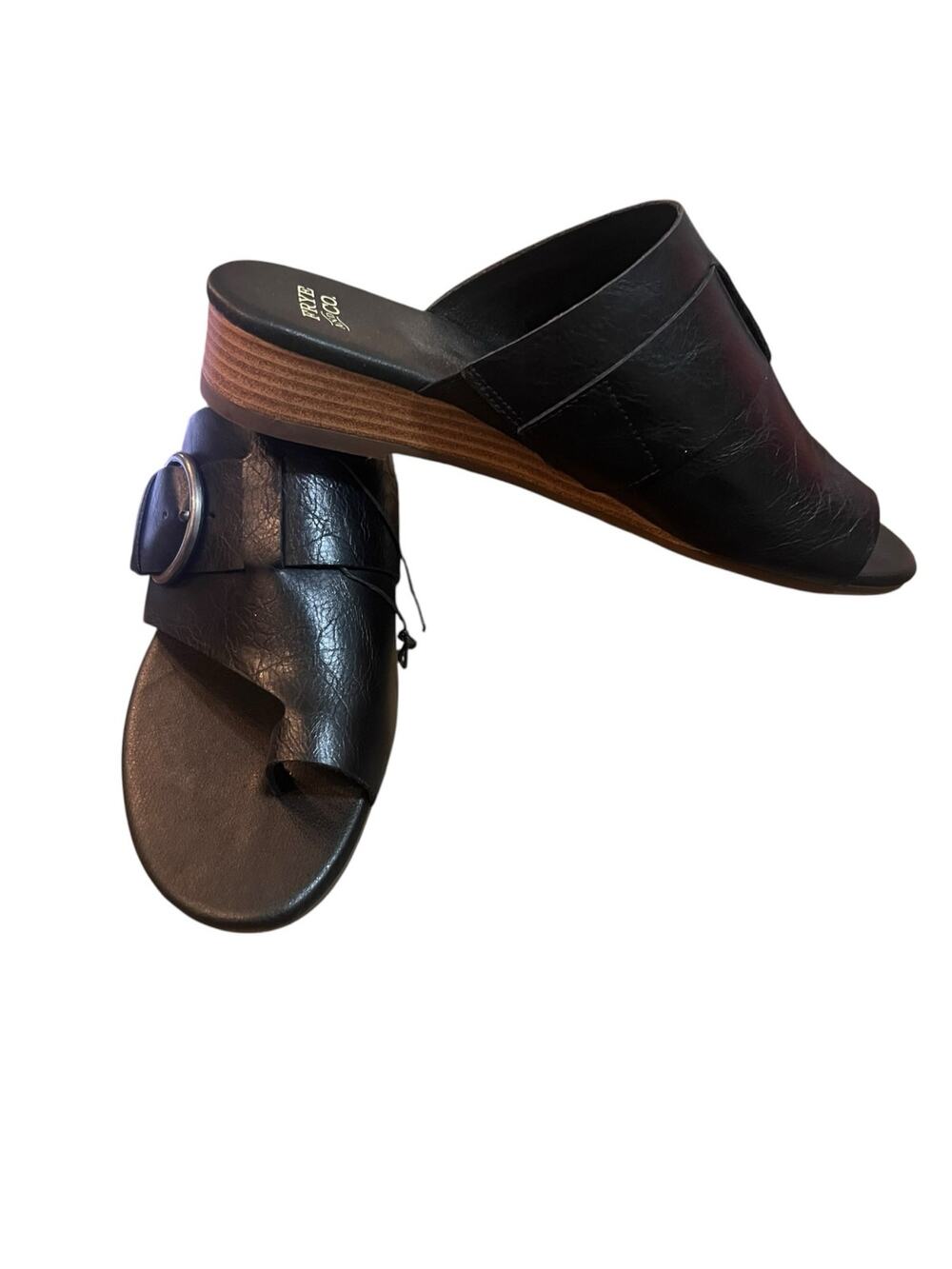 NWT Frye and Co. Women’s 9.5M Quincey Black Toe-Loop Buckle Sandal Wedge Slides